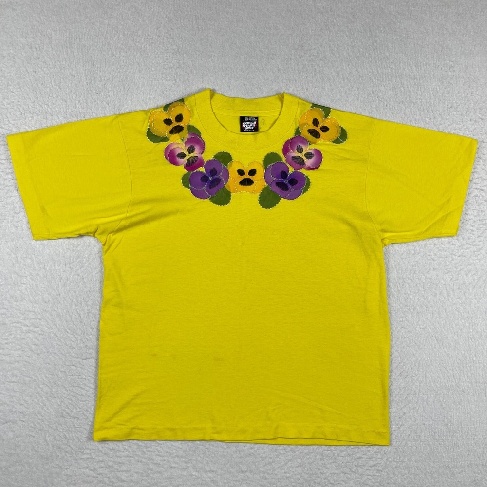 Screen Stars Best T-Shirt Womens Large Yellow Vintage Pansy Floral Single Stitch